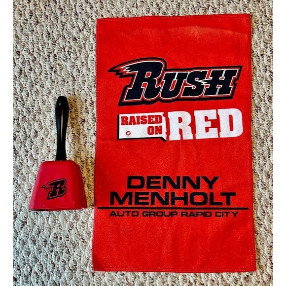 Rapid City RUSH Minor Hockey-Red Cowbell, Noisemaker,& Rush Rally Towel-EUC - Picture 1 of 2